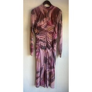 Anthropologie Printed Mesh Ruched Midi Dress XL Feminine Romantic Fitted Stretch